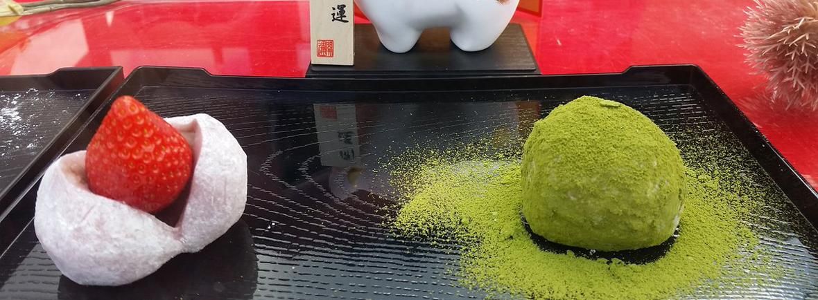 一夢庵のいちご大福と緑の苔大福、京都の和菓子